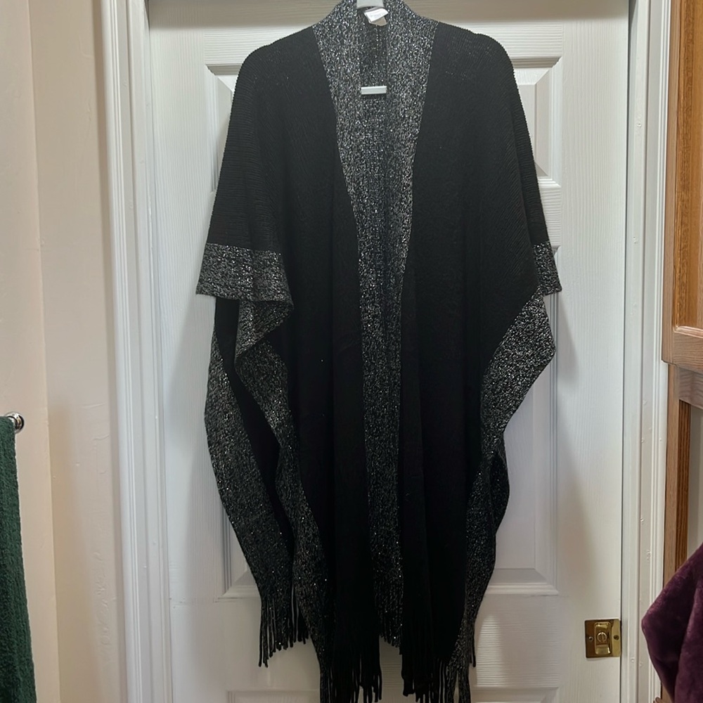 Ruana. Northern Angel. Shawl. Cape. Black with silver trim.